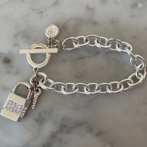 HOUSE OF HARLOW 1960 Crystal Jeweled Padlock & Key Silvertone Link Brace… - Picture 1 of 16